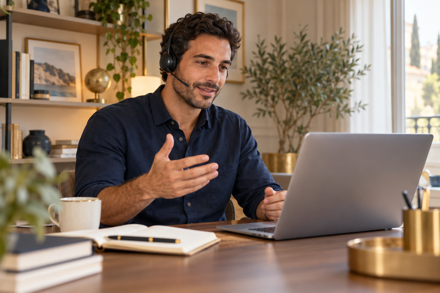 Un professionnel échange à distance avec un casque audio